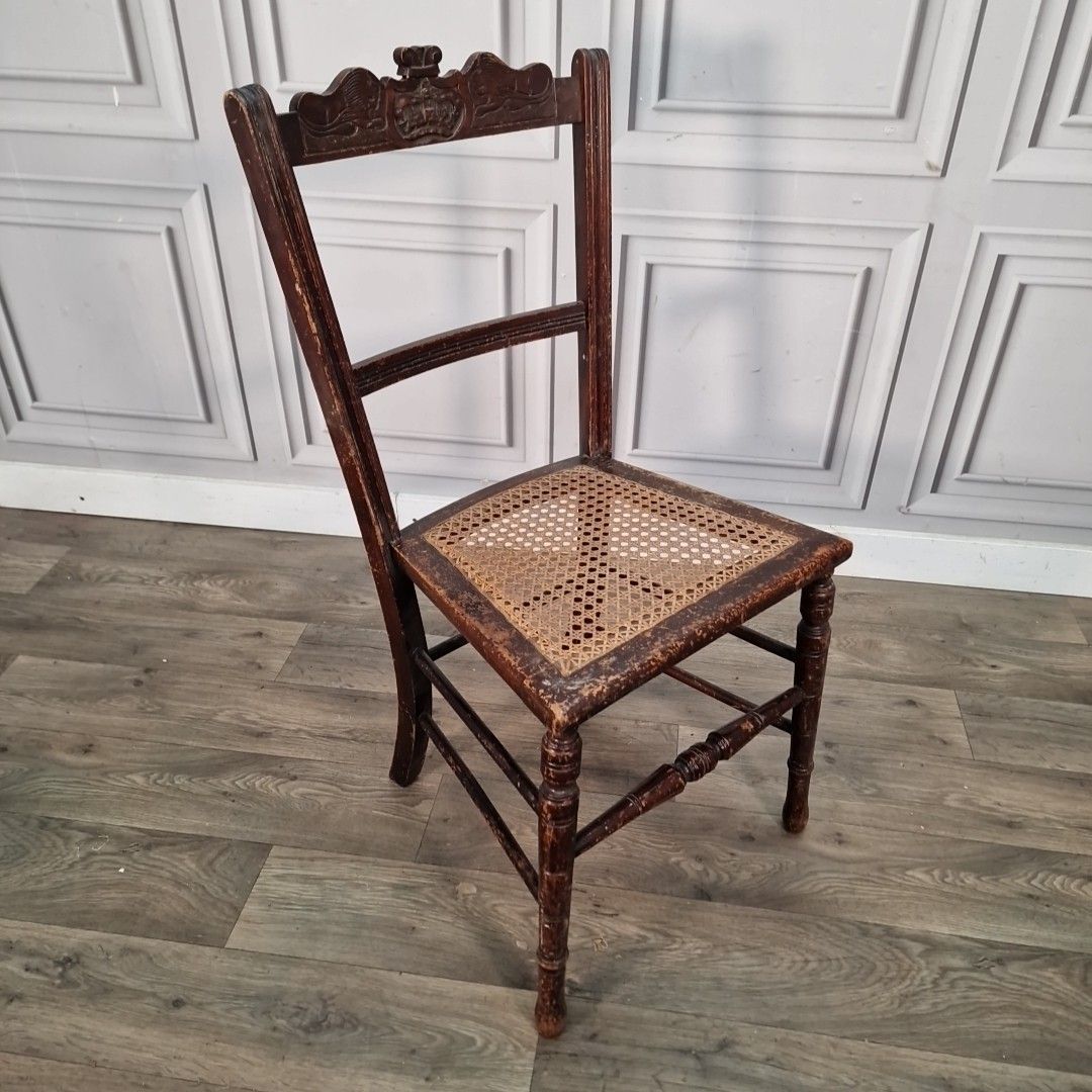 Antique Cane Bedroom Chair Carved Crest Victorian Dining Hall Seat Wooden photo furniture