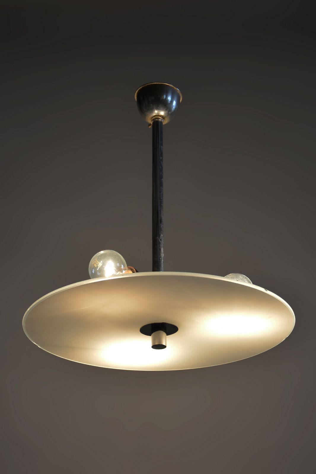 Restored Bauhaus Chandelier, Chrome Plated Steel, Frosted Glass, Czech, 1930s photo vintage