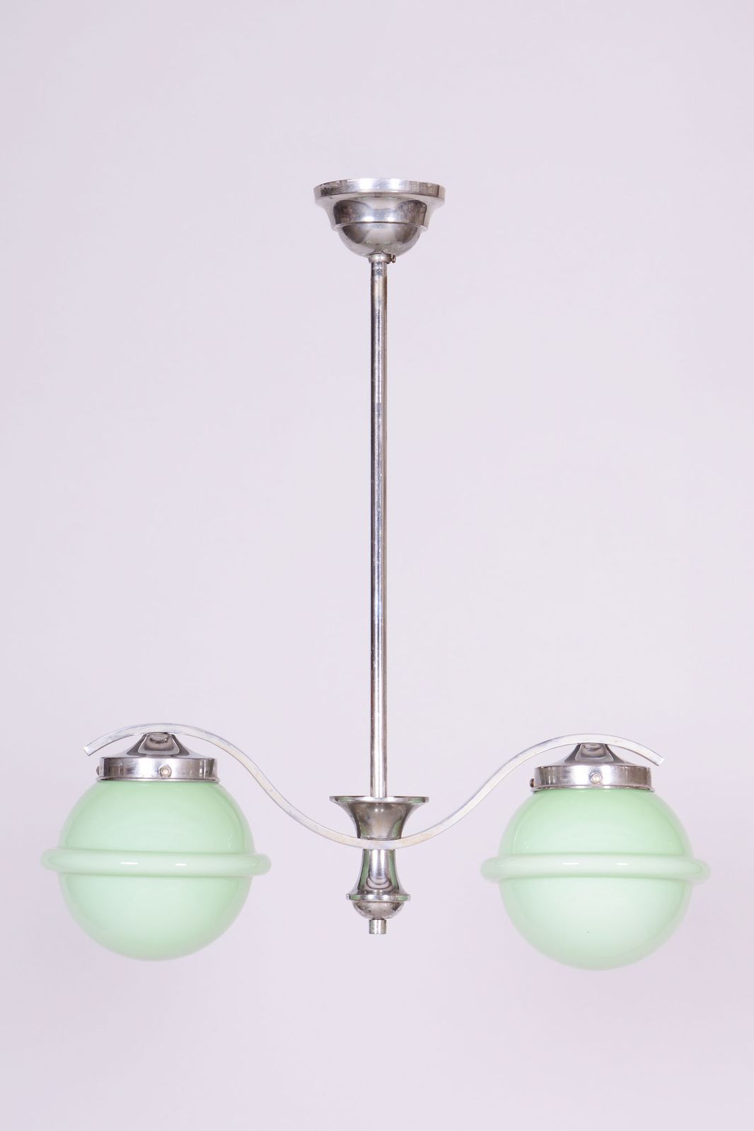 Restored Bauhaus Chandelier, Chrome Plated Steel, Opaline Glass, Czech, 1930s