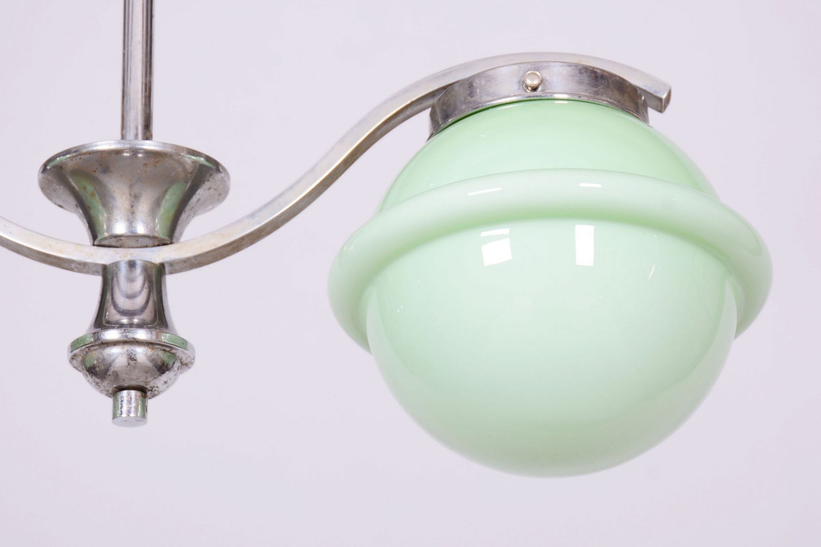 Restored Bauhaus Chandelier, Chrome Plated Steel, Opaline Glass, Czech, 1930s photo 850.0