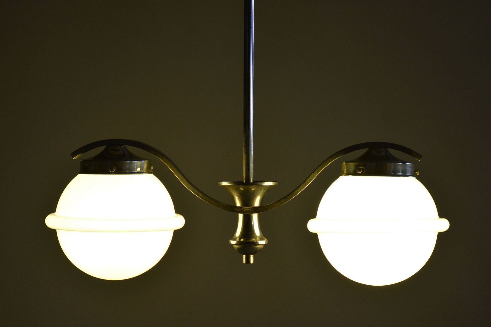 Lighting Restored Bauhaus Chandelier, Chrome Plated Steel, Opaline Glass, Czech, 1930s photo