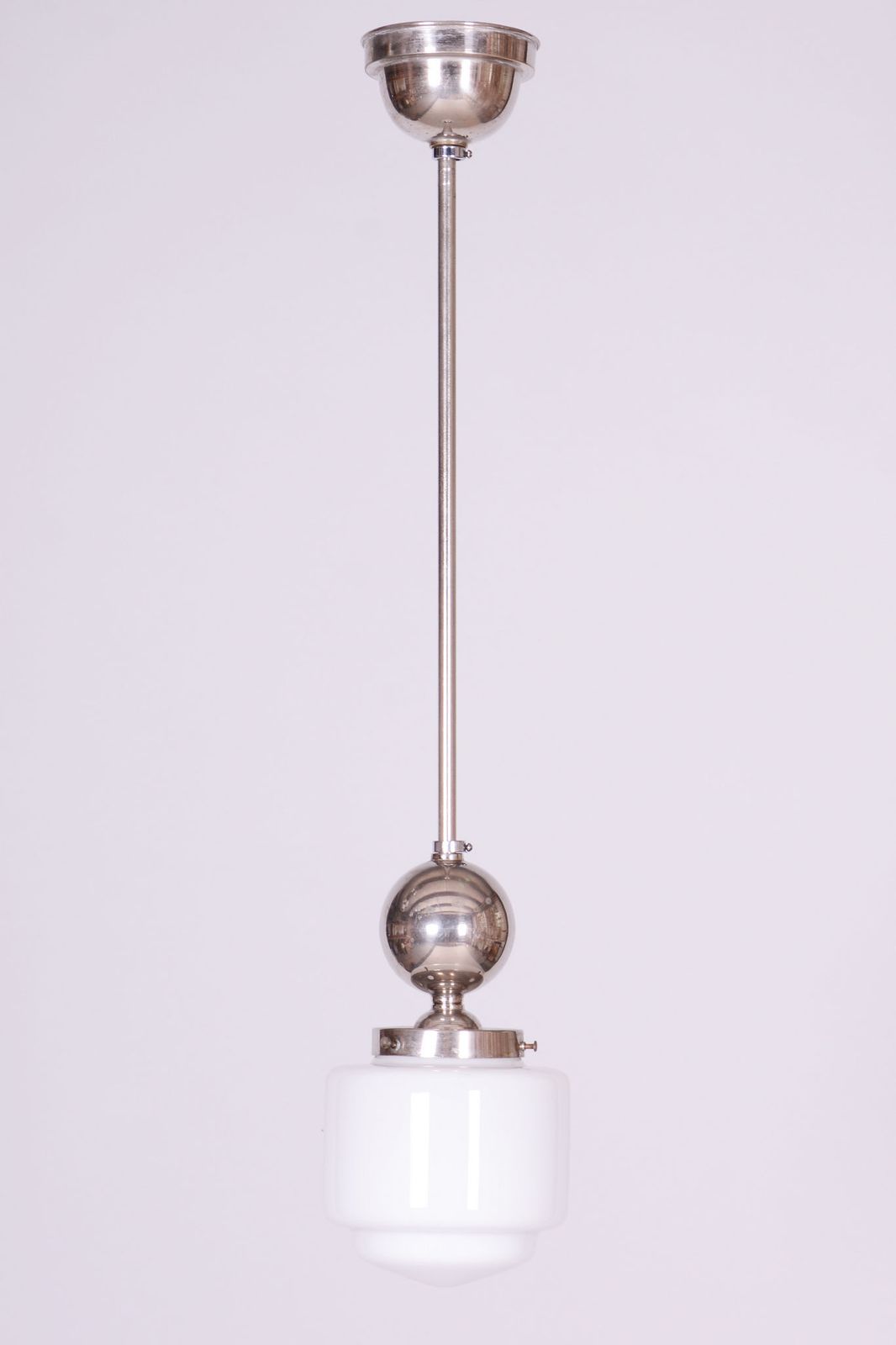 Restored Bauhaus Chandelier, Chrome Plated Steel, Opaline Glass, Czech, 1930s