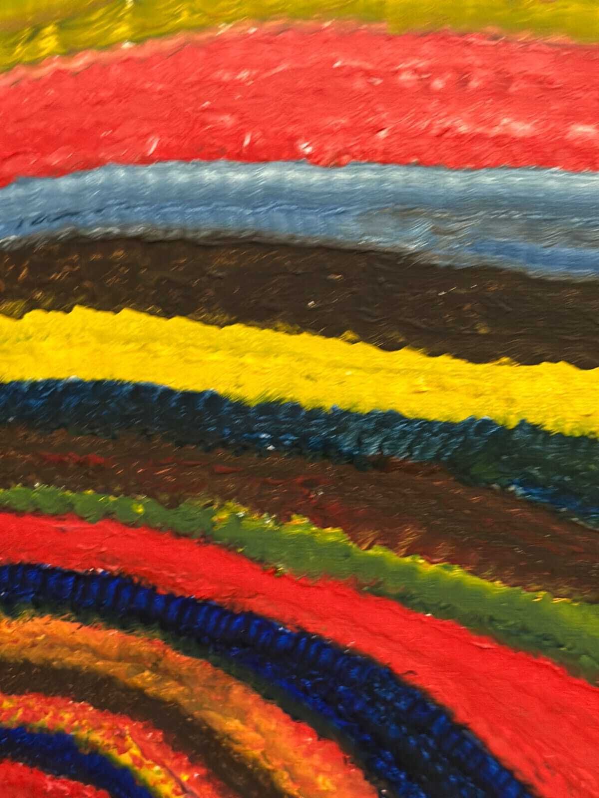 photo for sale Original Swedish Oil On Canvas – “Fantasia/Färg” By R.C. Reyes – Dated 1990 (Verso)  – Vintage & Framed – 67x 67 Cm (26.3" × 26.3")
