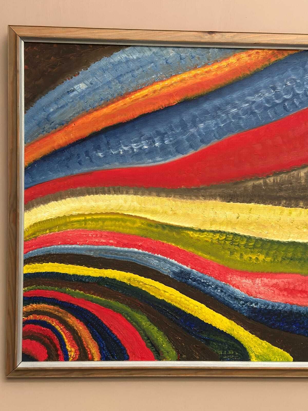 Art Original Swedish Oil On Canvas – “Fantasia/Färg” By R.C. Reyes – Dated 1990 (Verso)  – Vintage & Framed – 67x 67 Cm (26.3" × 26.3") photo