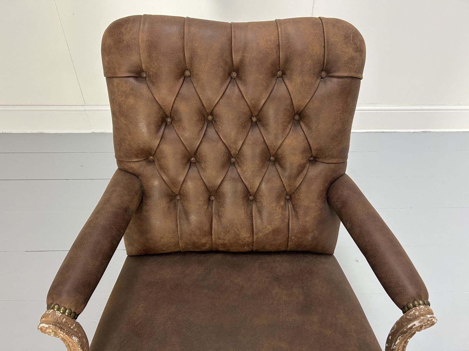 Andrew Martin Buttoned Back Armchair And Stool In Antiqued Brown Leather photo vintage