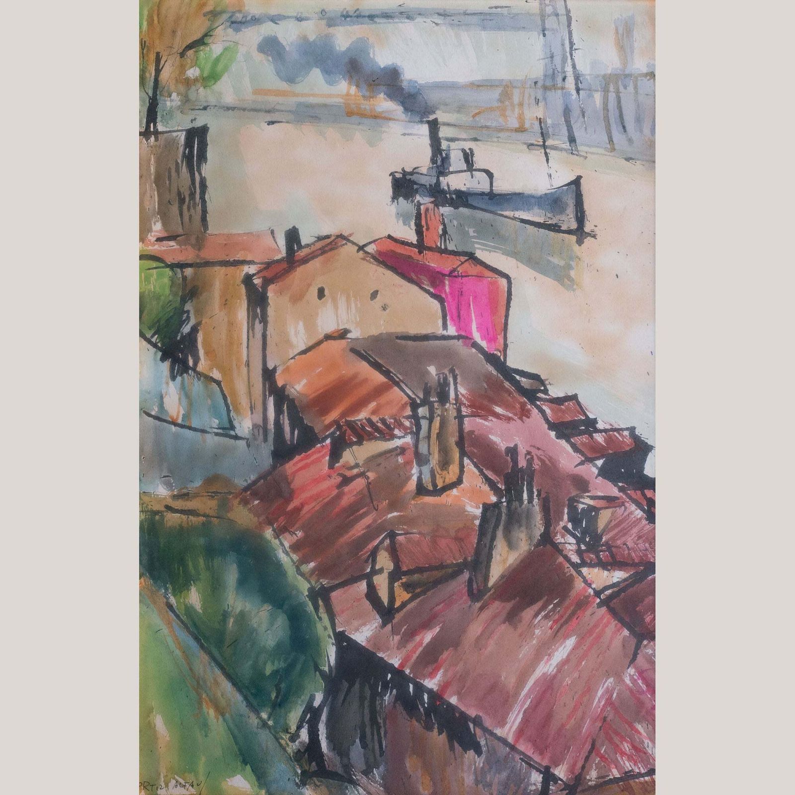 Rafael Ortiz Alfau   Harbour Rooftops   Cubist Impressionist Influenced Painting