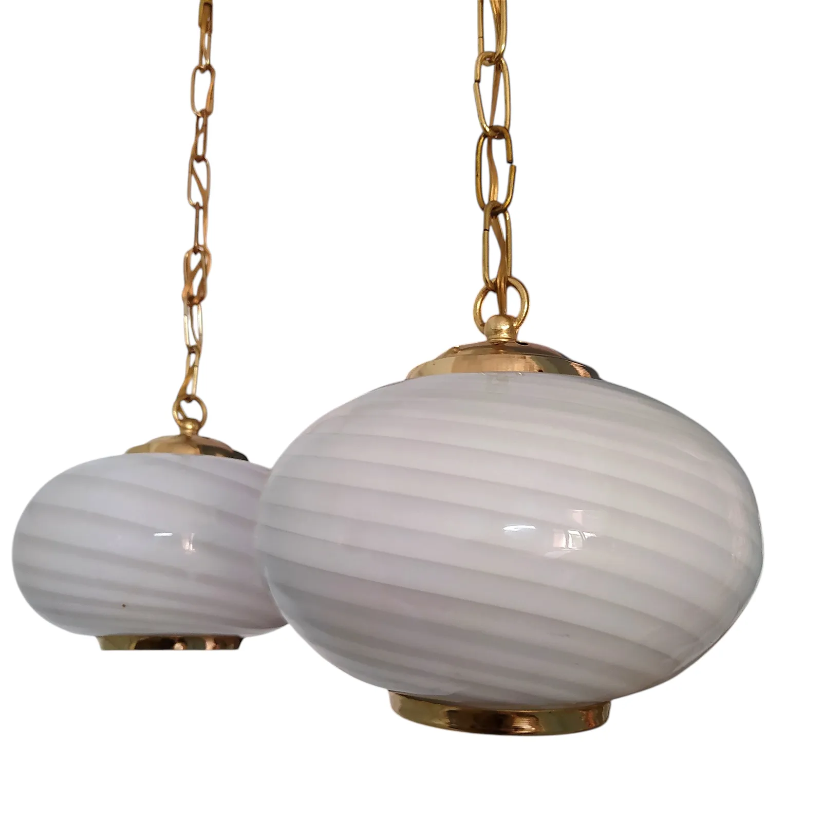 Lighting Pair Of 1960's Murano Swirl Opaline Glass Pendant Lights. photo