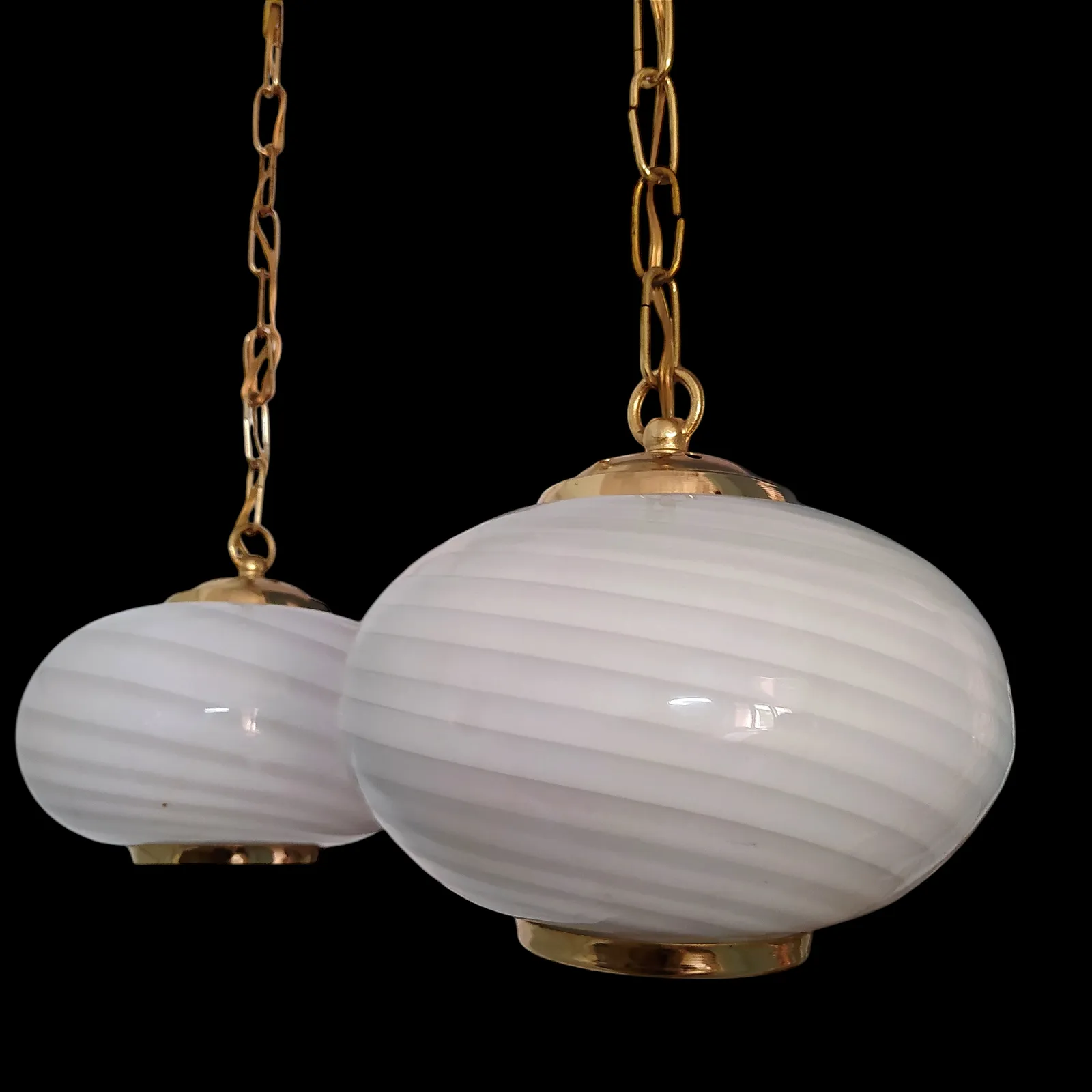 840.0 Pair Of 1960's Murano Swirl Opaline Glass Pendant Lights. photo