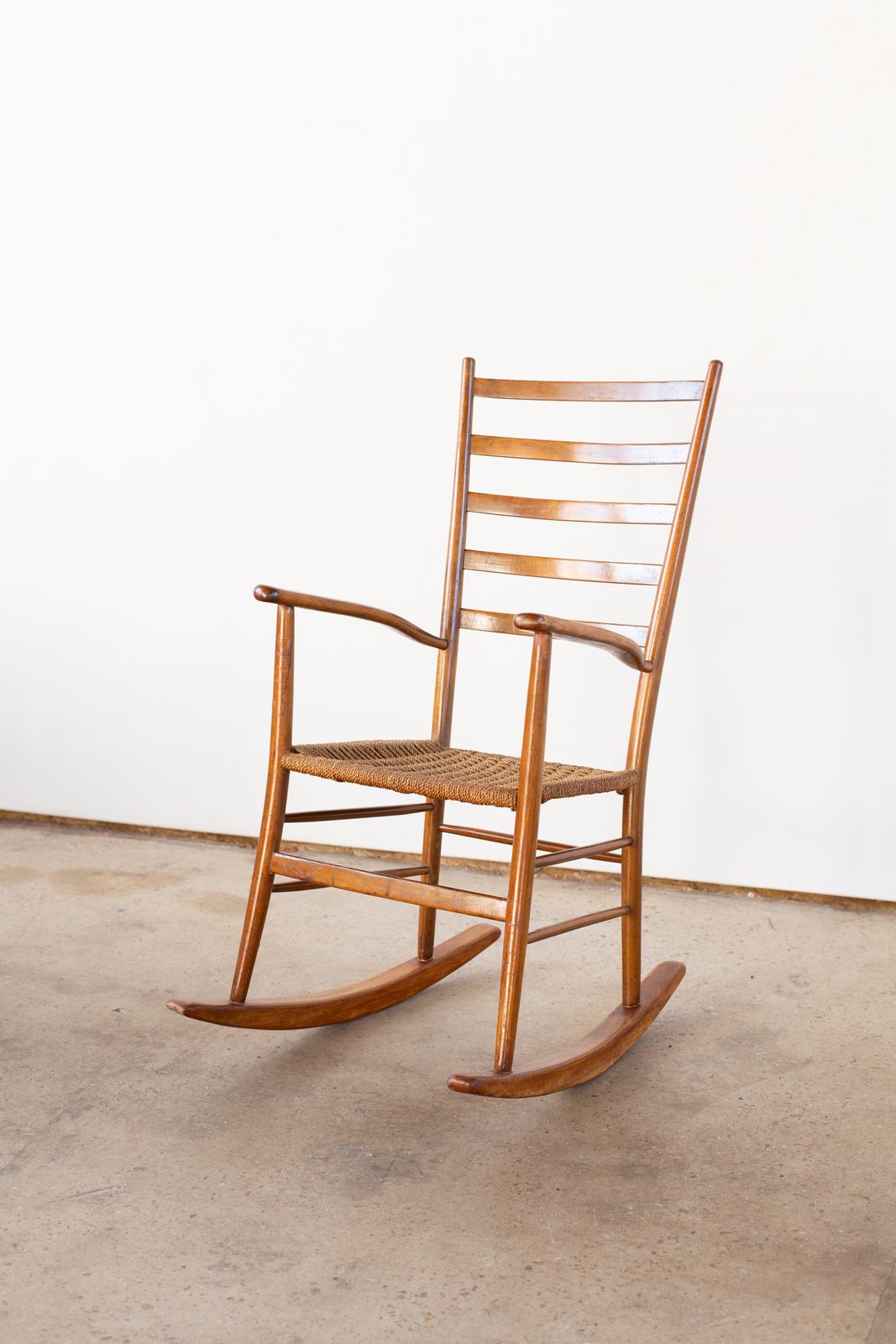Italian Beechwood Rocking Chair With Finely Woven Rope Seat, C1950 photo furniture