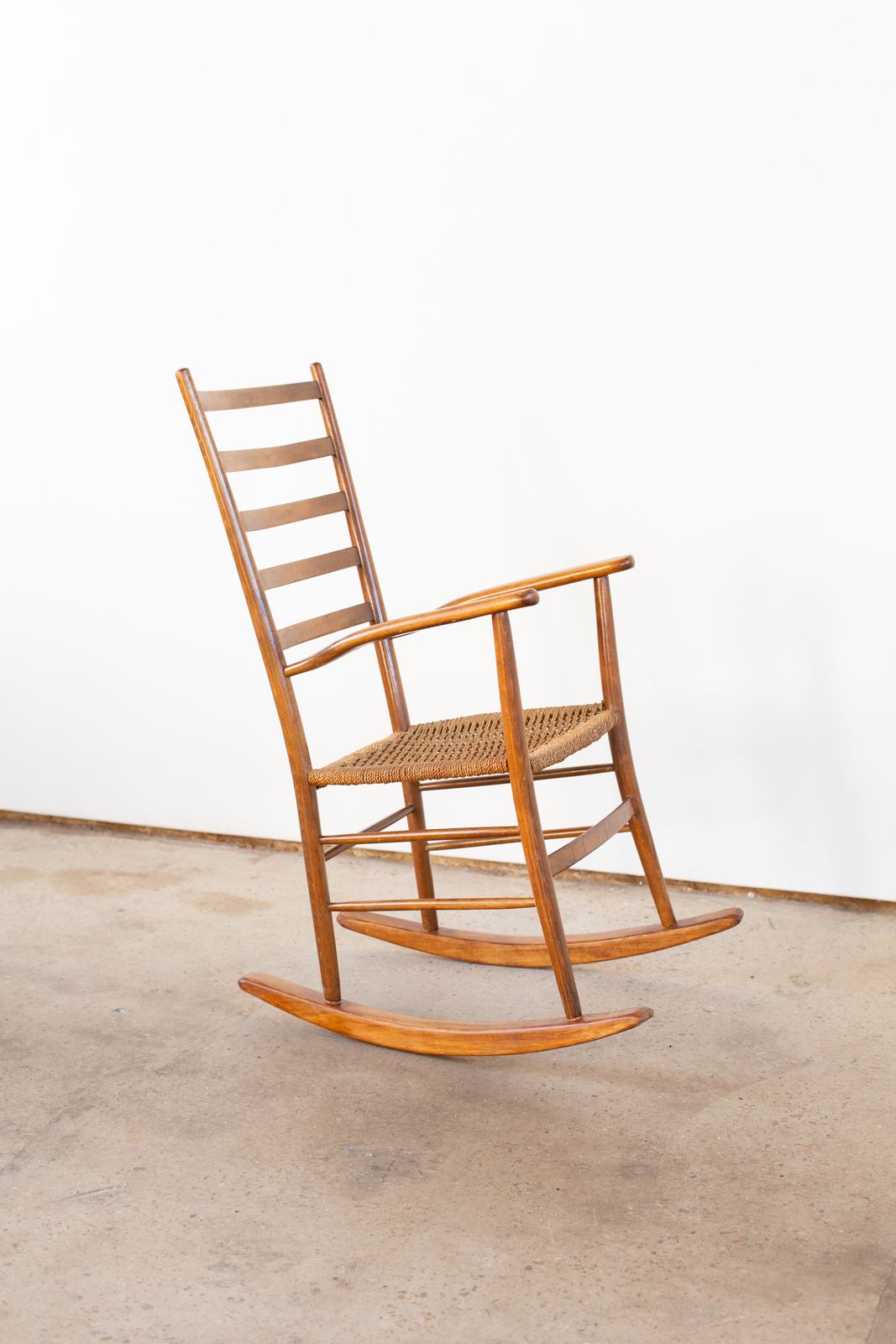 Italian Beechwood Rocking Chair With Finely Woven Rope Seat, C1950 photo Furniture