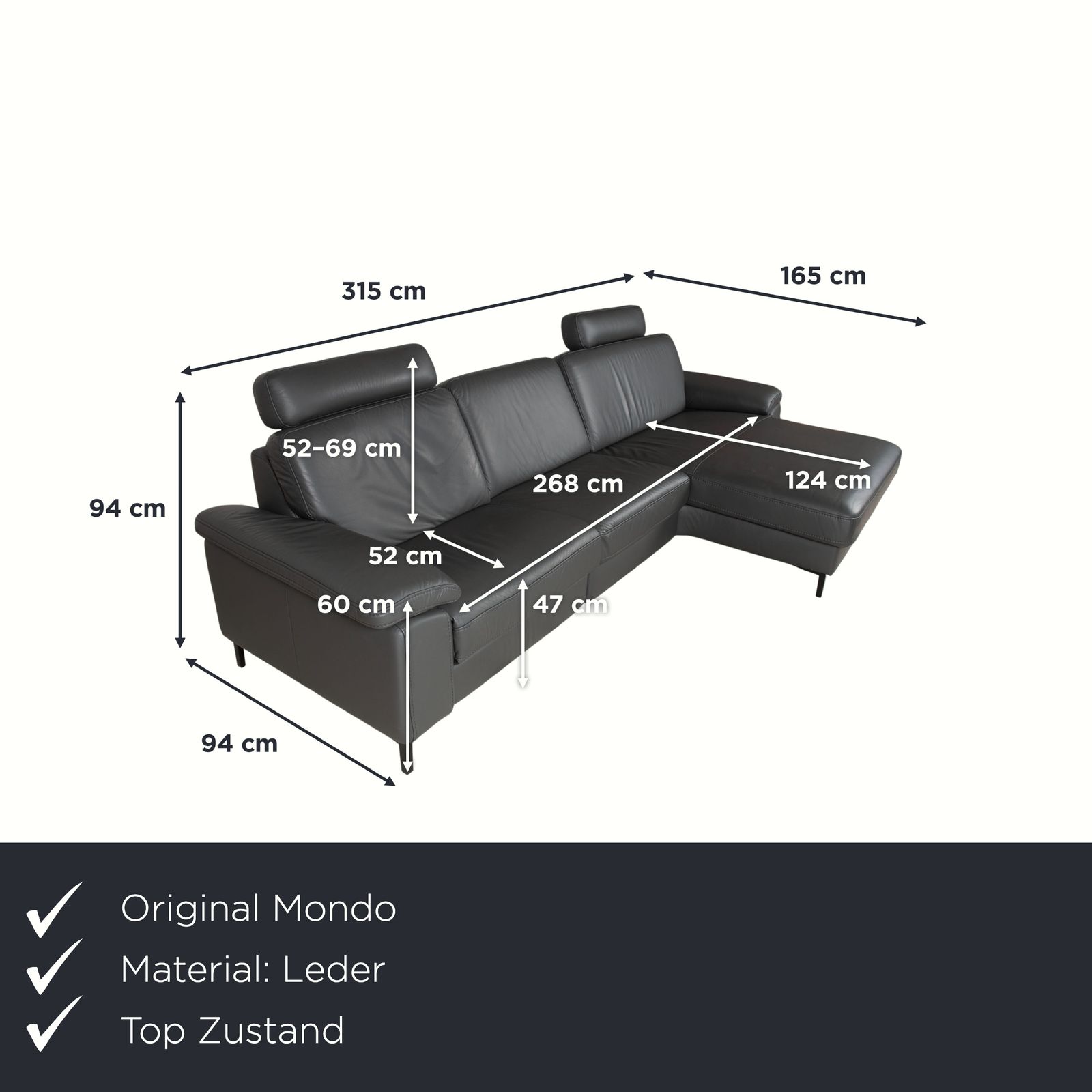 Canapé d'angle Mondo Maestra en cuir gris ardoise anthracite, fonction électrique photo furniture