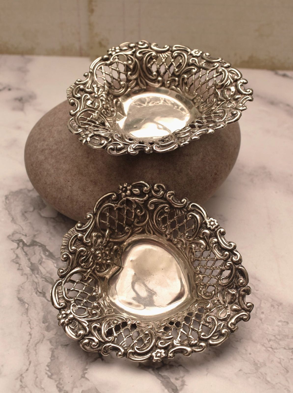 Pair Of Silver Victorian Dishes   Stunning Heart Shaped 1897 Henry Matthews Bon Bon Trays