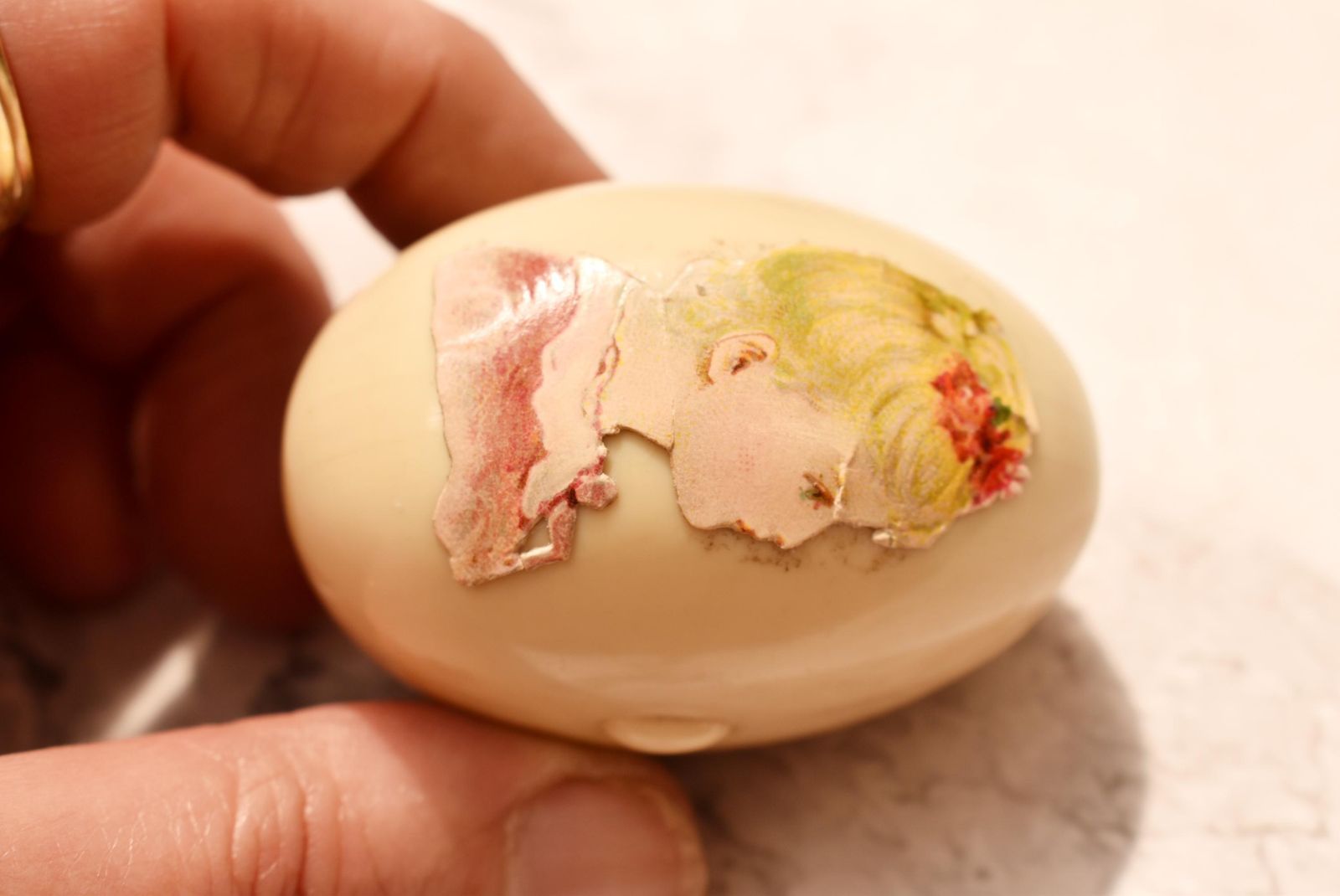 photo for sale Victorian Celluloid Egg Etui   Decoupage Satin Lined With Powder Puff And Mirrored Holder