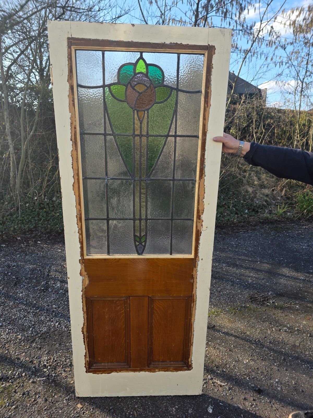 Antique 1920s Leaded Glass Internal Door With Rose Design photo for sale