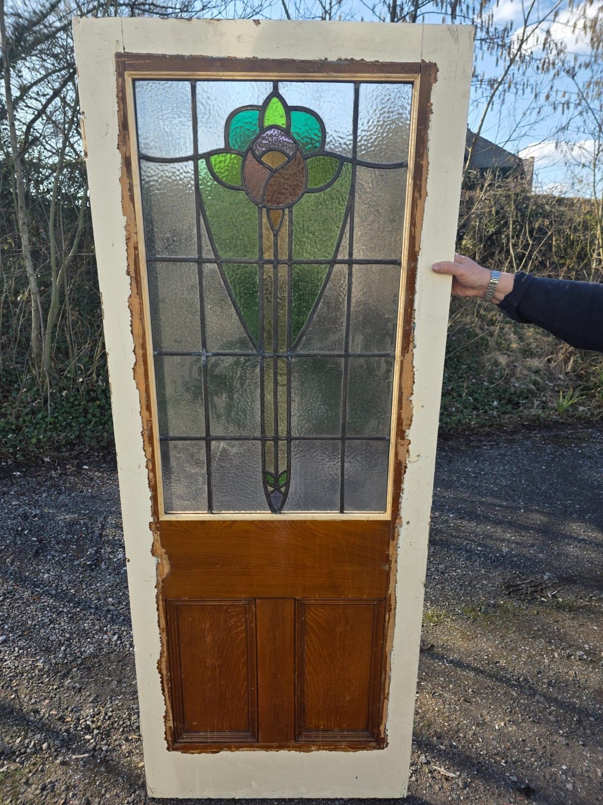 Antique 1920s Leaded Glass Internal Door With Rose Design photo Home Fixtures