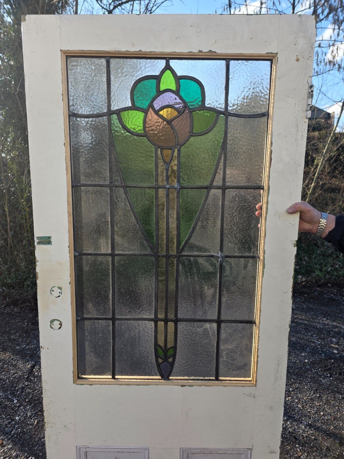 Antique 1920s Leaded Glass Internal Door With Rose Design photo vinterior