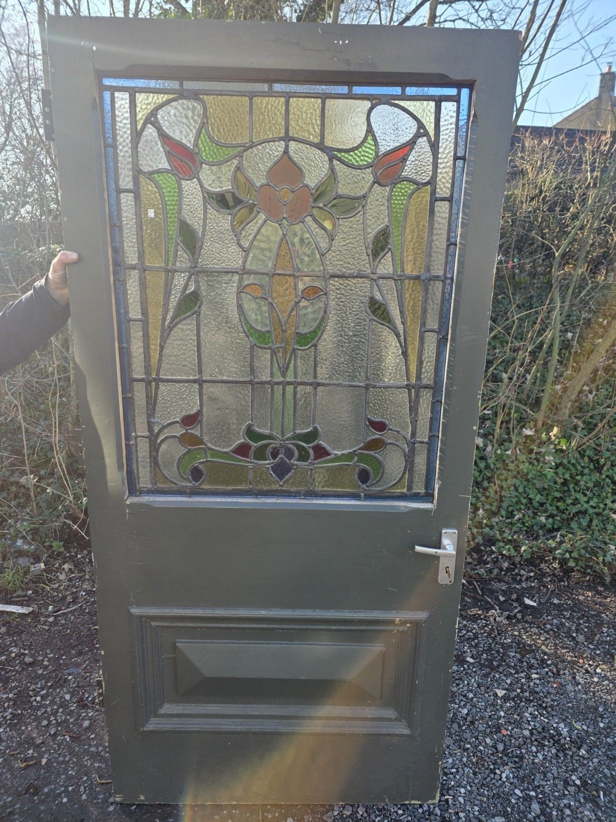Antique 1900s Solid Door With Leaded Glass Art Nouveau Style photo furniture