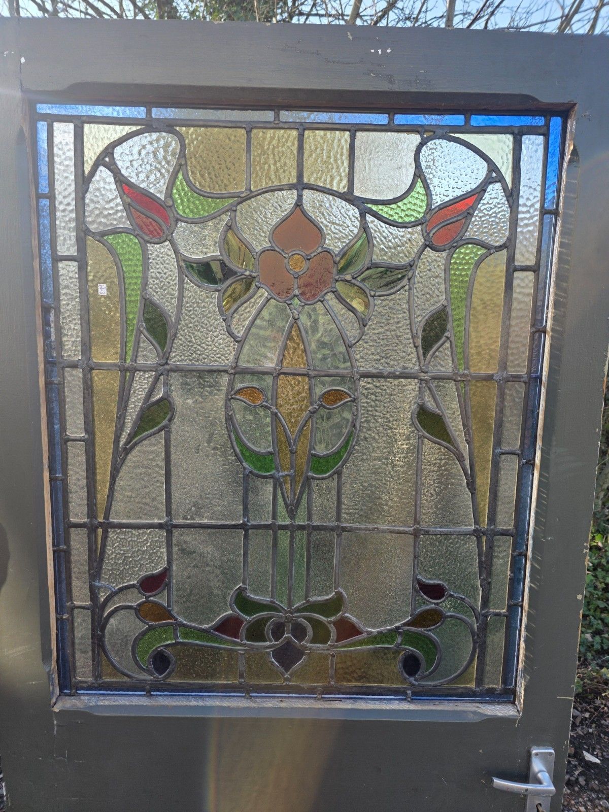 Antique 1900s Solid Door With Leaded Glass Art Nouveau Style photo for sale