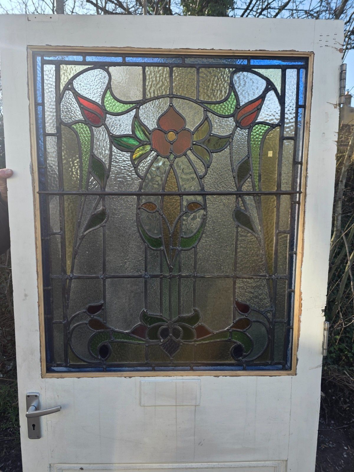 Antique 1900s Solid Door With Leaded Glass Art Nouveau Style photo vintage