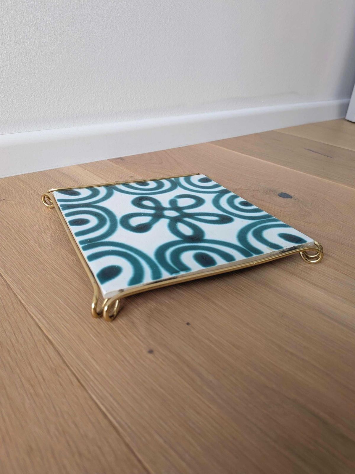 Vintage Gmundner Keramik Trivet, Brass Frame / Austria / Green Flamed