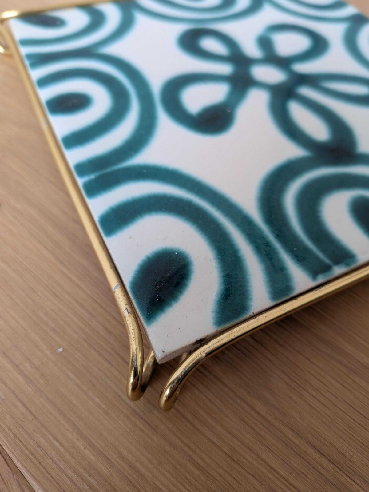 photo furniture Vintage Gmundner Keramik Trivet, Brass Frame / Austria / Green Flamed