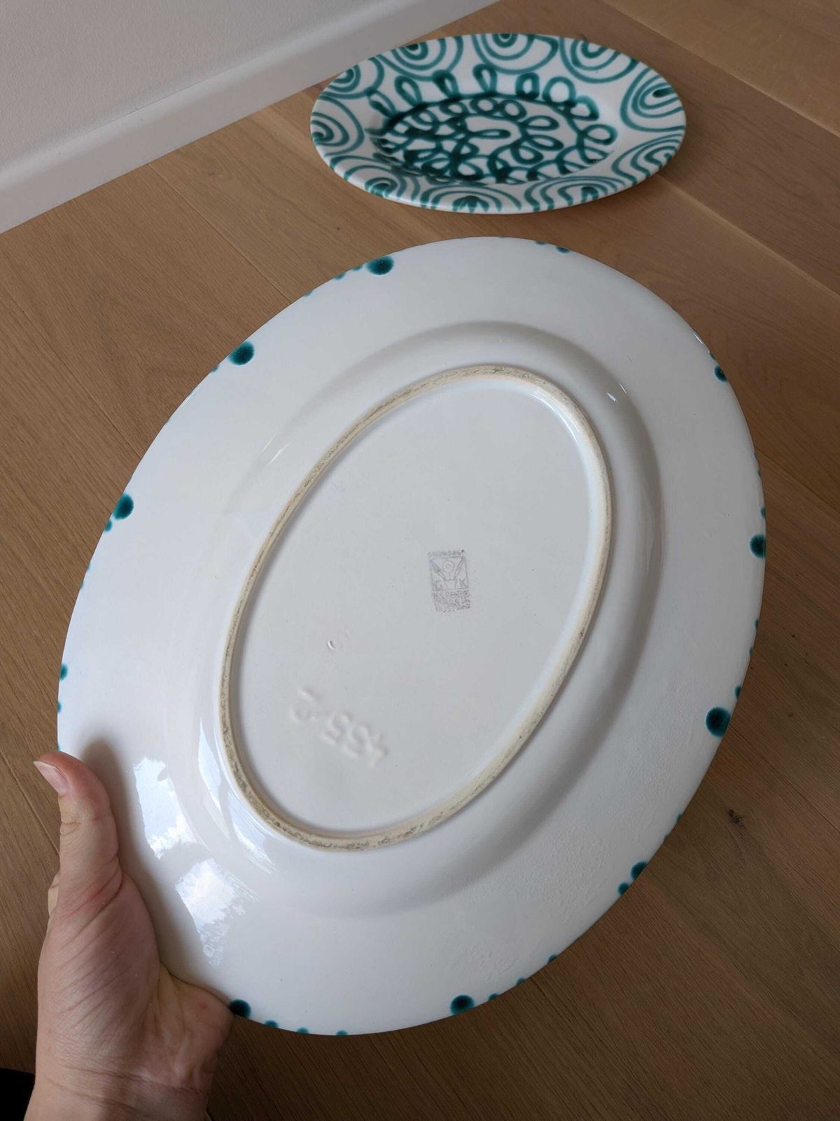 Vintage Gmundner Keramik Serving Oval Plate / Austria / Green Flamed / 2 In Stock photo for sale