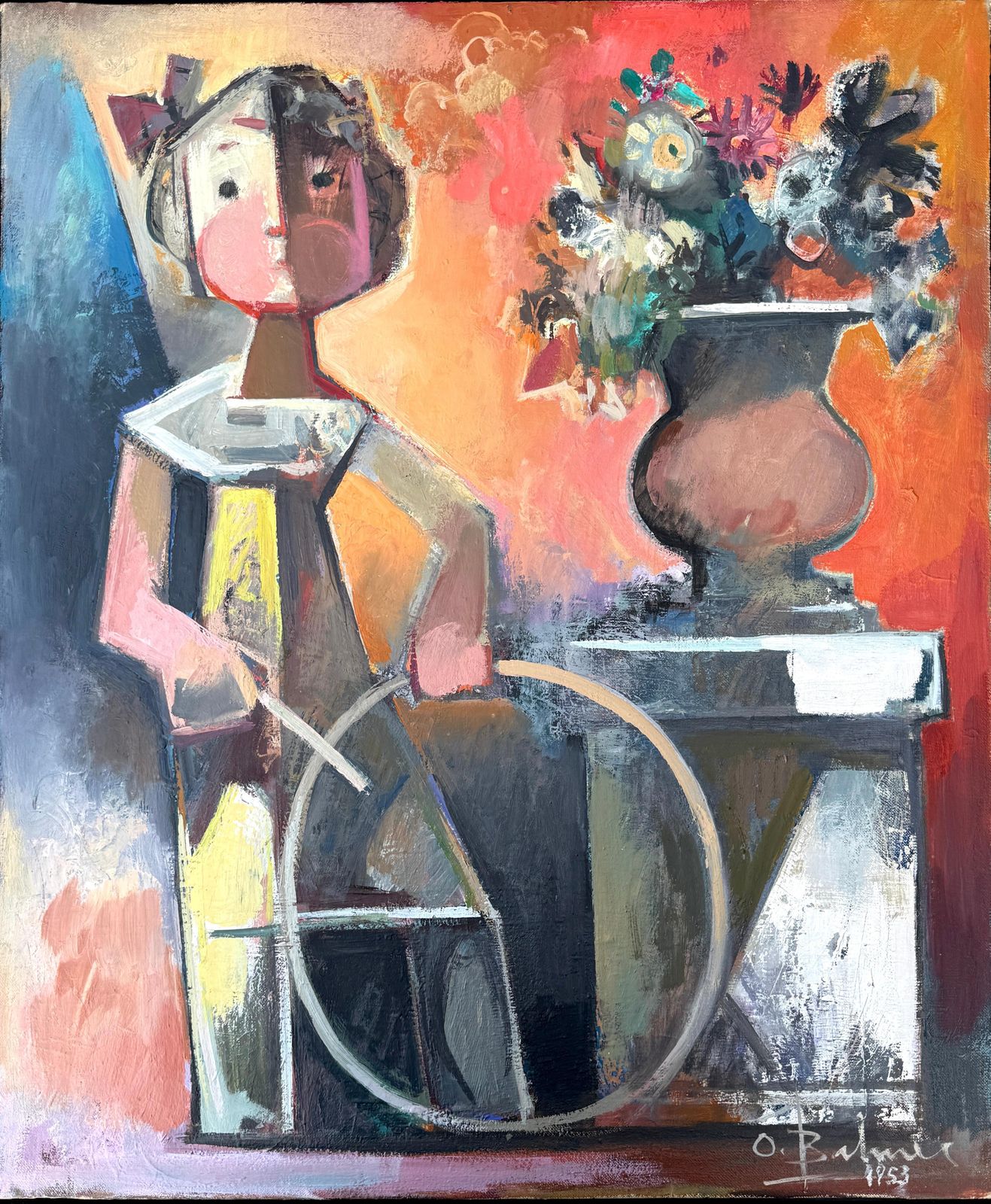 Josep Oriol Balmes Bosch Cubist Figurative Painting With Flowers Spanish Mid Century Modern Oil 1953 1953