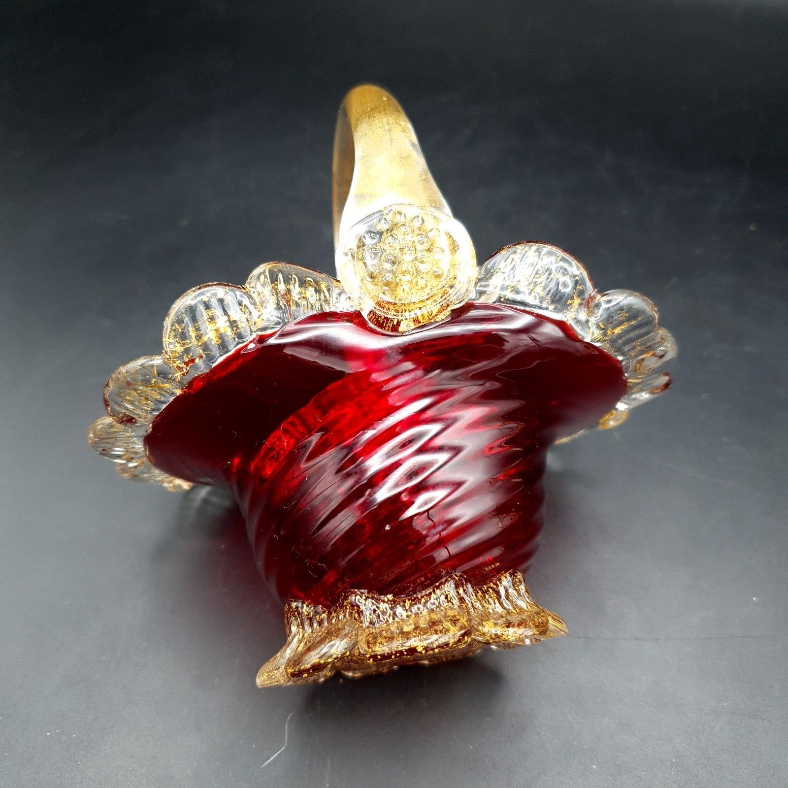Vintage Ruby Red & Gold Aventurine Art Glass Basket Bowls Murano Style Pair H12c photo buy