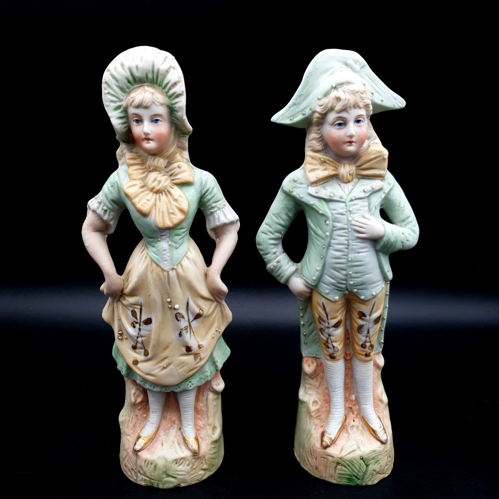 Antique Bisque Figurine Lady & Man Matte Marked Green Gold Continental German?