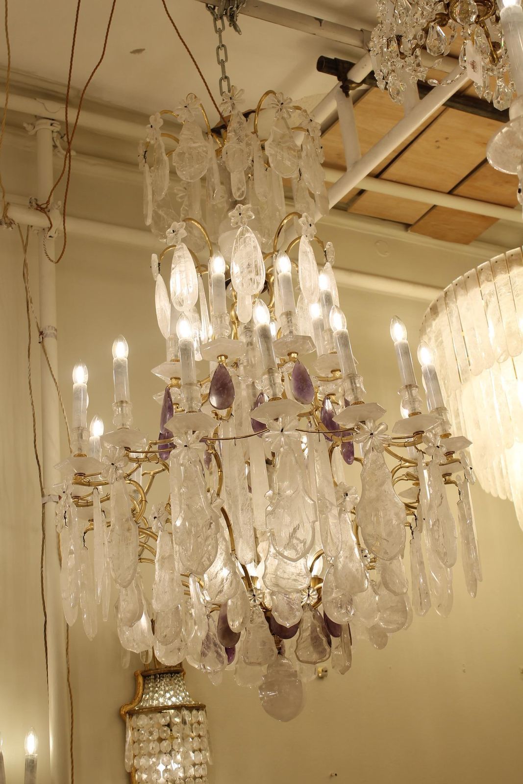 Beautiful French Bronze And Rock Crystal Pair Chandeliers And Amethyst photo for sale