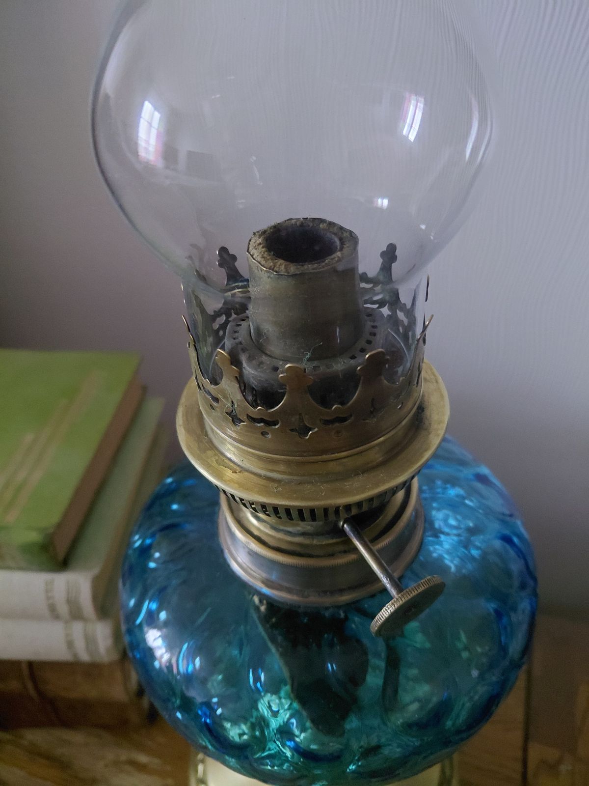 Vintage French Blue Glass Oil Lamp With Wick ~ Working photo for sale