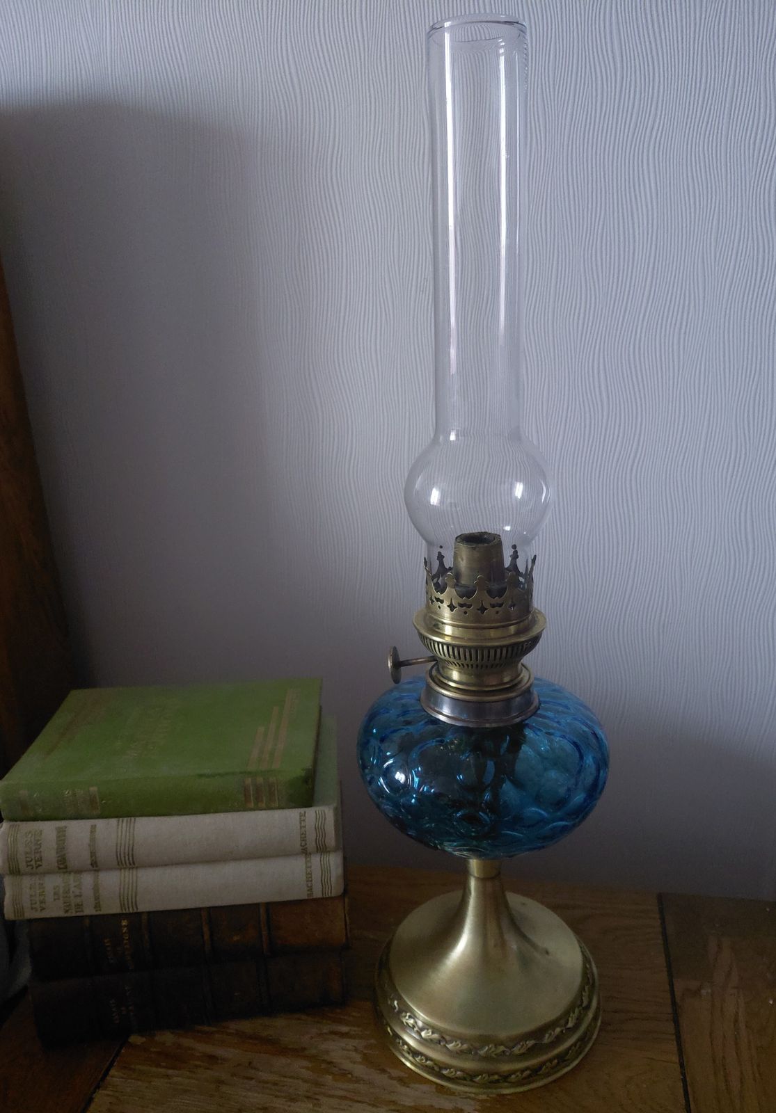 Vintage French Blue Glass Oil Lamp With Wick ~ Working photo Lighting