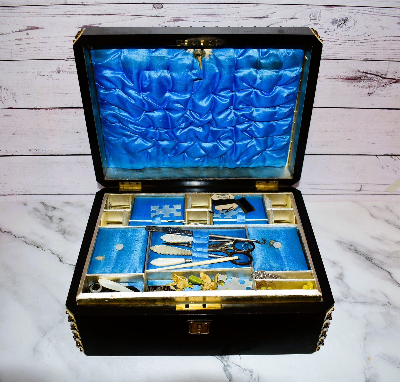 Victorian Lady's Sewing Workbox Full Of Original Contents Including Rare Set Of Mother Of Pearl Spools photo 1225.0