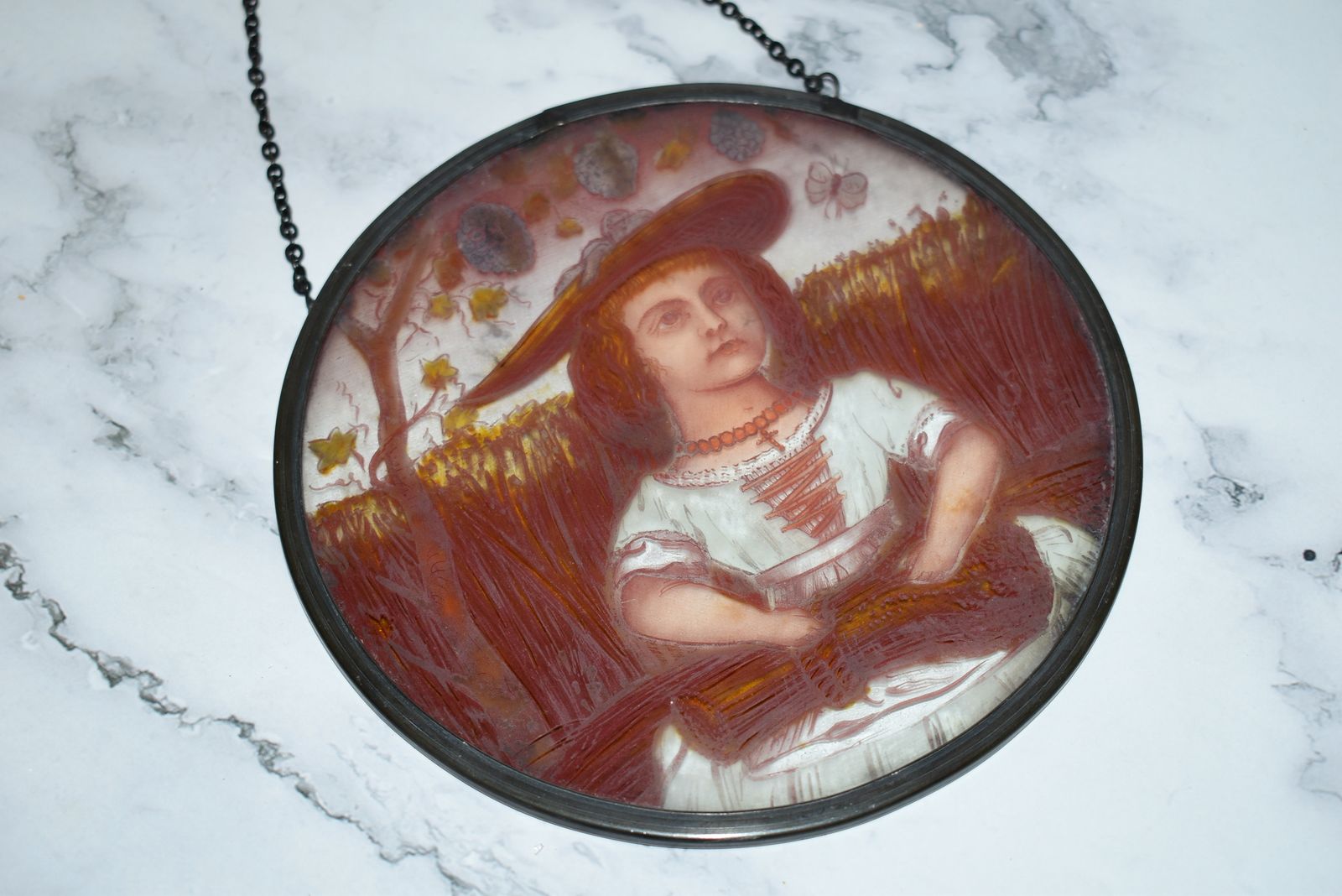 Victorian Stained Glass Leaded Roundel Featuring Harvest Maid With Wheatsheaf photo for sale
