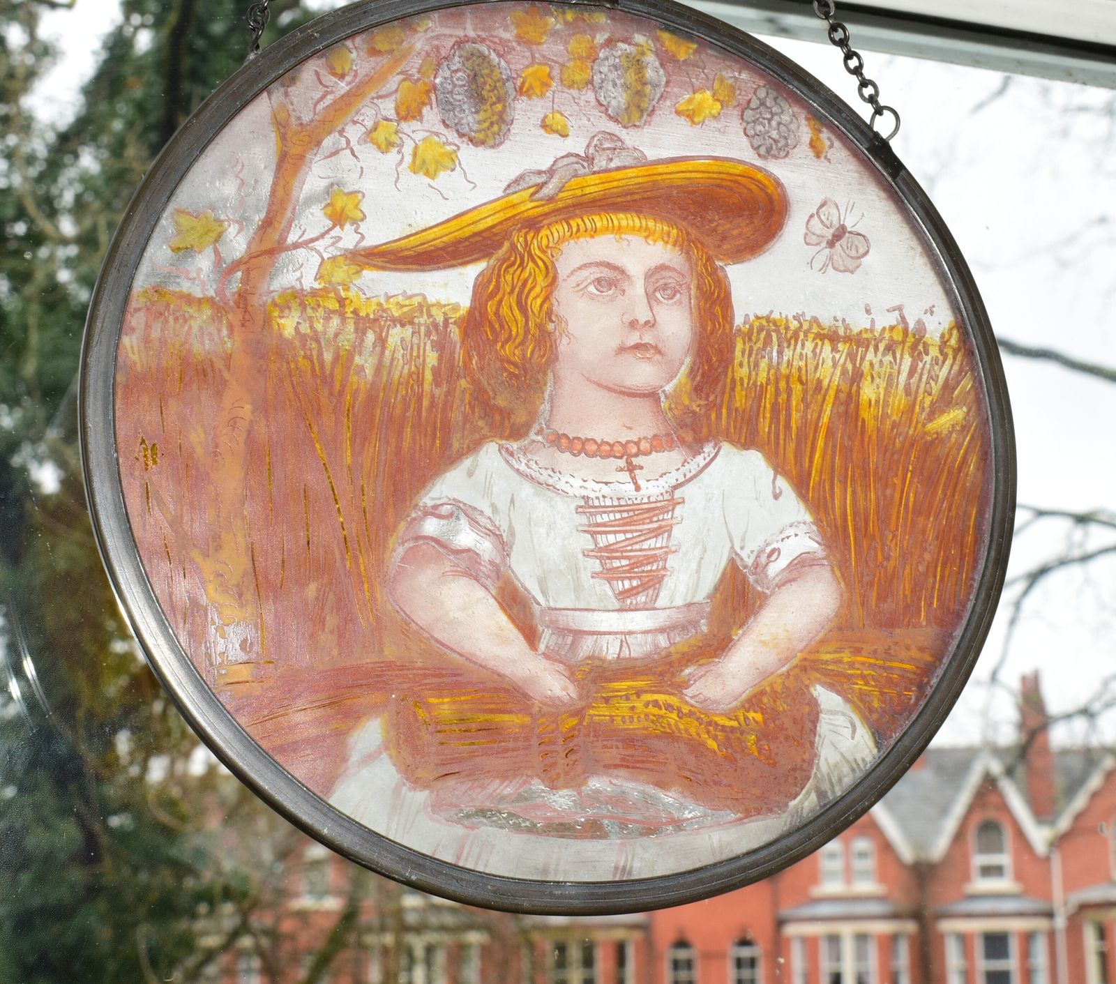 Victorian Stained Glass Leaded Roundel Featuring Harvest Maid With Wheatsheaf photo 133.0