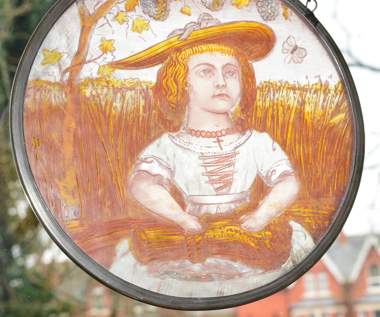 Victorian Stained Glass Leaded Roundel Featuring Harvest Maid With Wheatsheaf photo vinterior