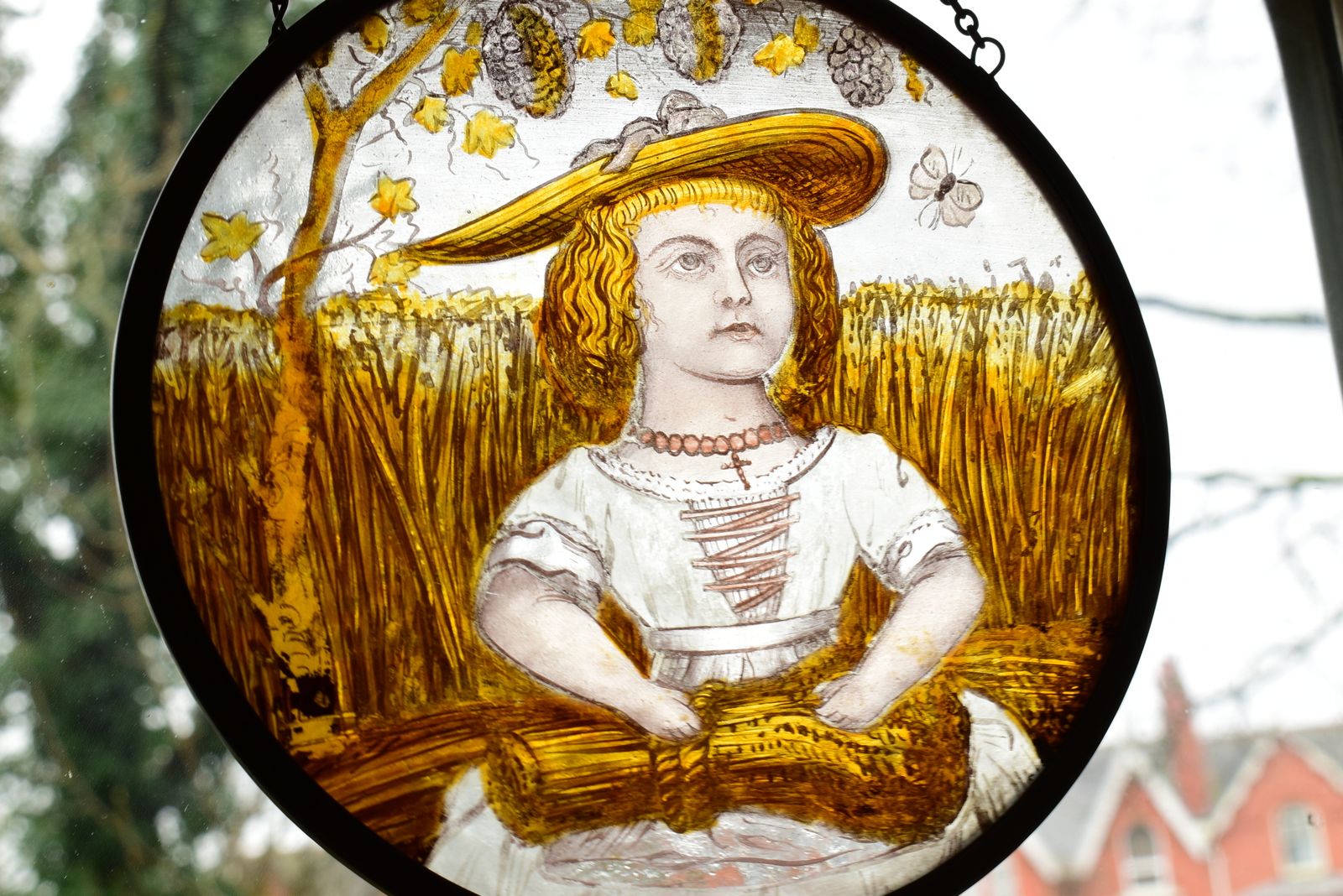 photo furniture Victorian Stained Glass Leaded Roundel Featuring Harvest Maid With Wheatsheaf