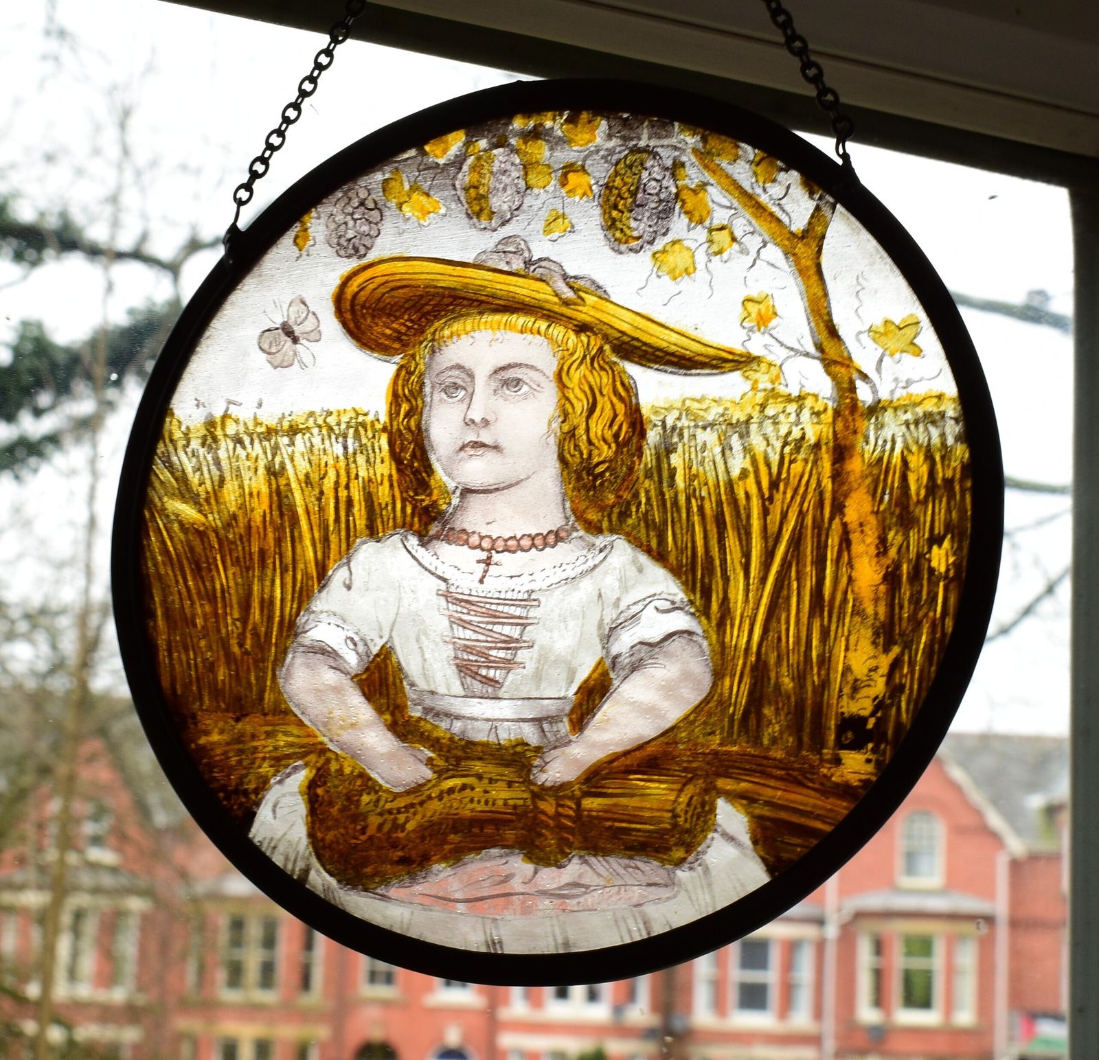 photo for sale Victorian Stained Glass Leaded Roundel Featuring Harvest Maid With Wheatsheaf