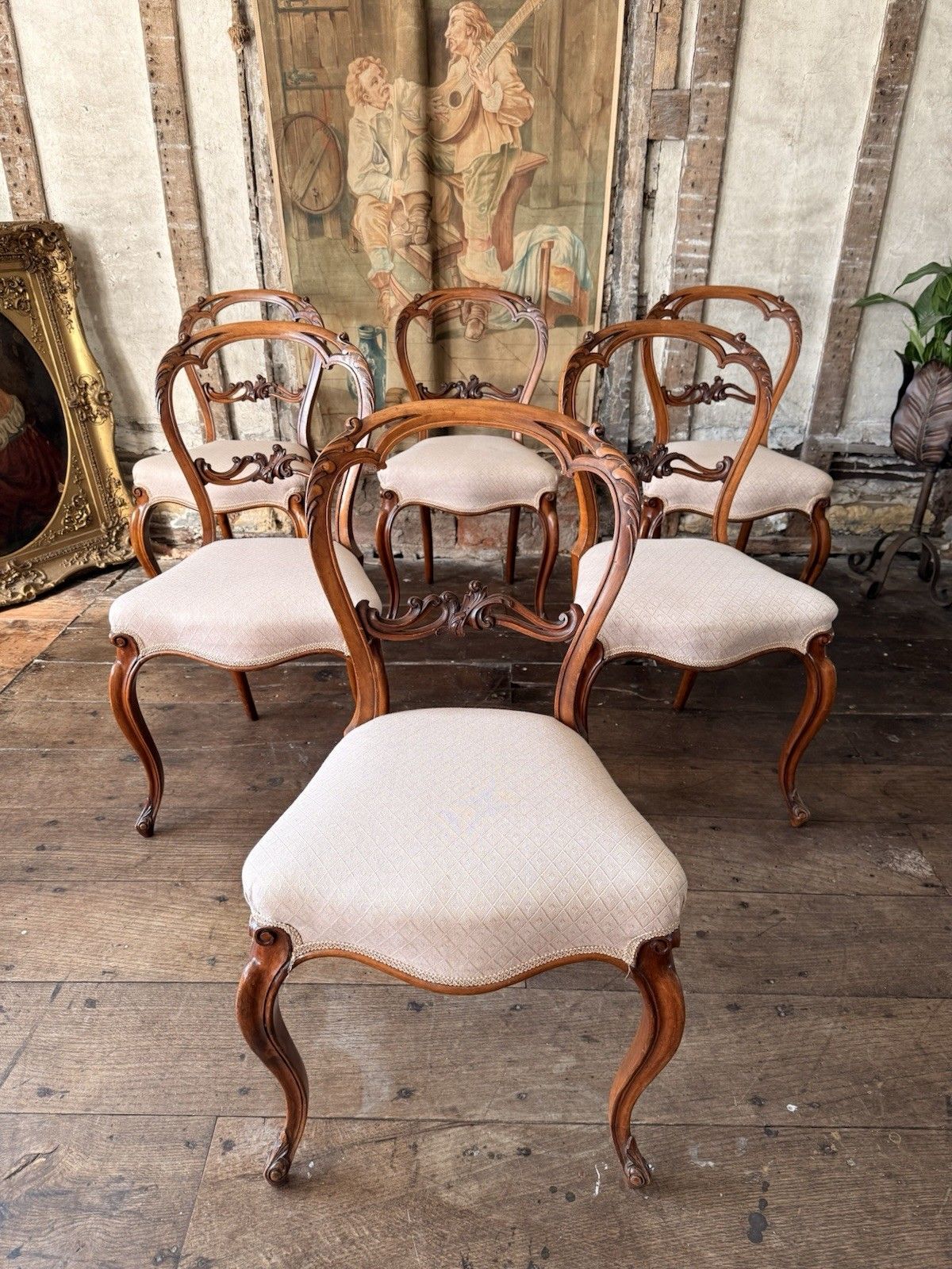 Set 6 Antique Carved  Walnut & Biscuit Linen Louis XV French Chairs 1870 Circa