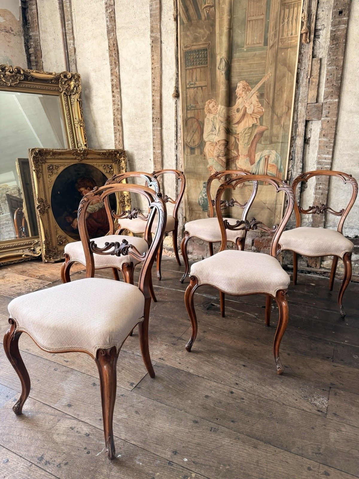 Set 6 Antique Carved  Walnut & Biscuit Linen Louis XV French Chairs 1870 Circa photo Furniture