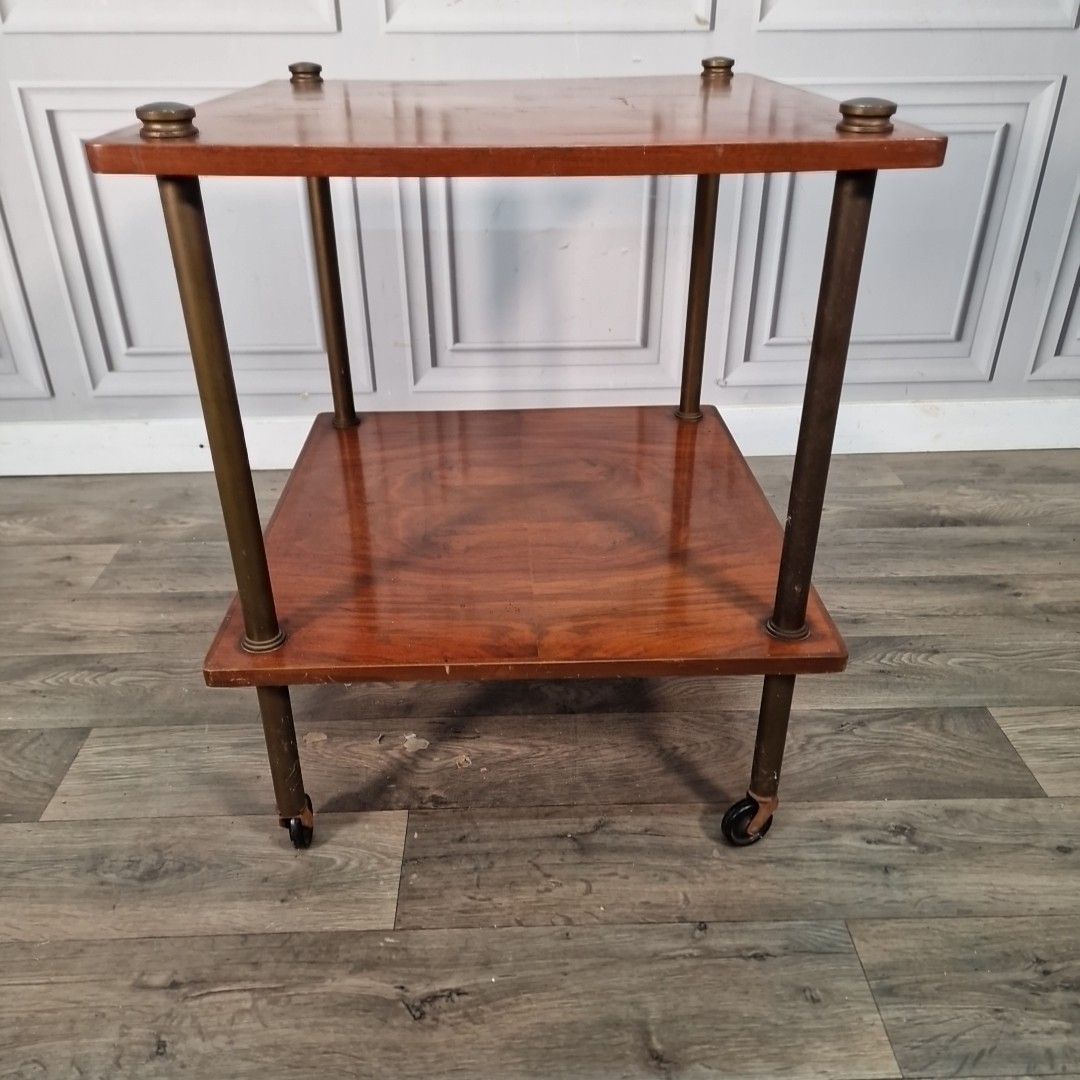photo vintage Vintage Drinks Trolley Table Wooden Two Tier Mid Century Modern Retro Mcm