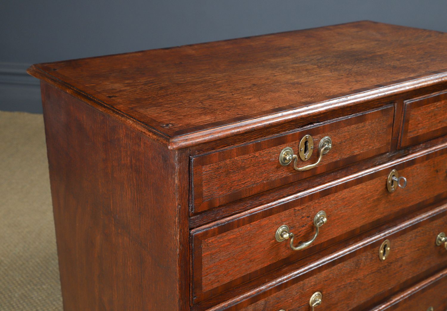Small Antique English Oak & Mahogany Cross Banded Bachelor’s Chest Of Drawers (Circa 1780) photo furniture