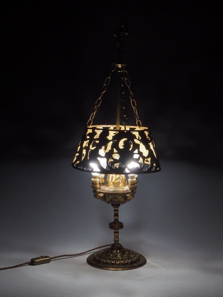 Antique 19th Century Dutch Bouillotte Style Table Lamp With Suspended Shade photo for sale