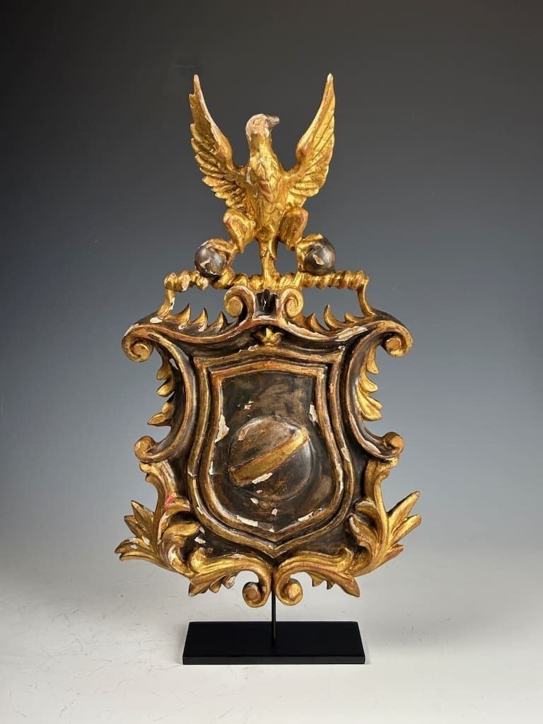 Antique Giltwood & Gesso Coat Of Arms With Eagle – Hand Carved Decorative Crest
