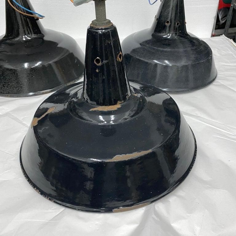 1930s Set Of Three Industrial Black Painted Metal Italian Pendants photo vintage