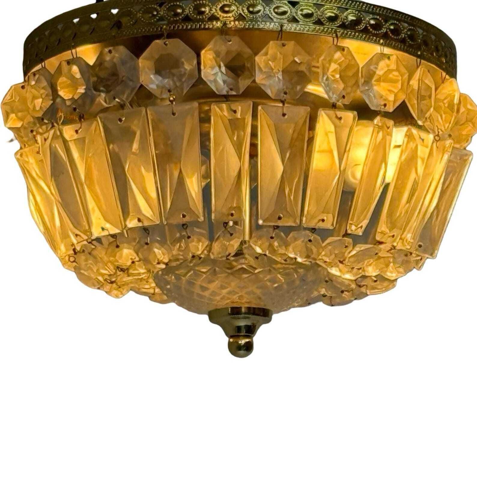 Lustrerie Deknudt   Chrystal Glass And Brass Appliqué/ Ceiling Mounted Lamp   Ca. 1980's   Crown Shaped