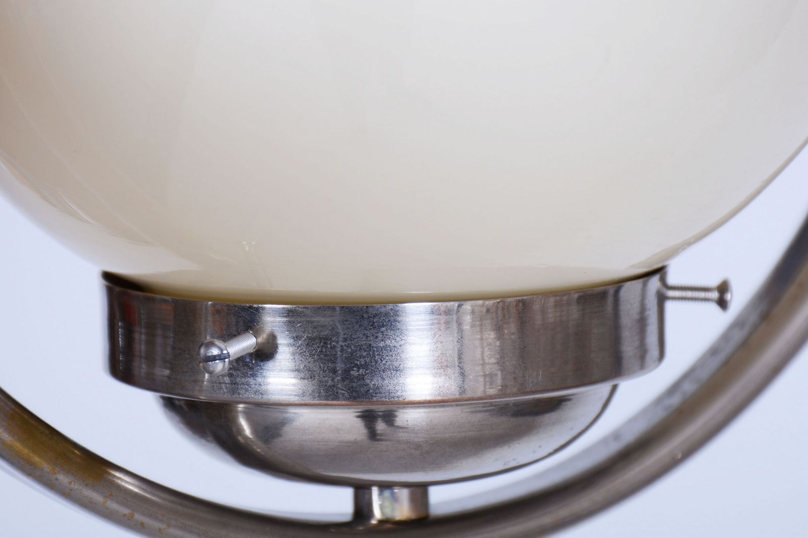 Restored Bauhaus Chandelier, Chrome Plated Steel, Opaline Glass, Czech, 1930s photo vinterior