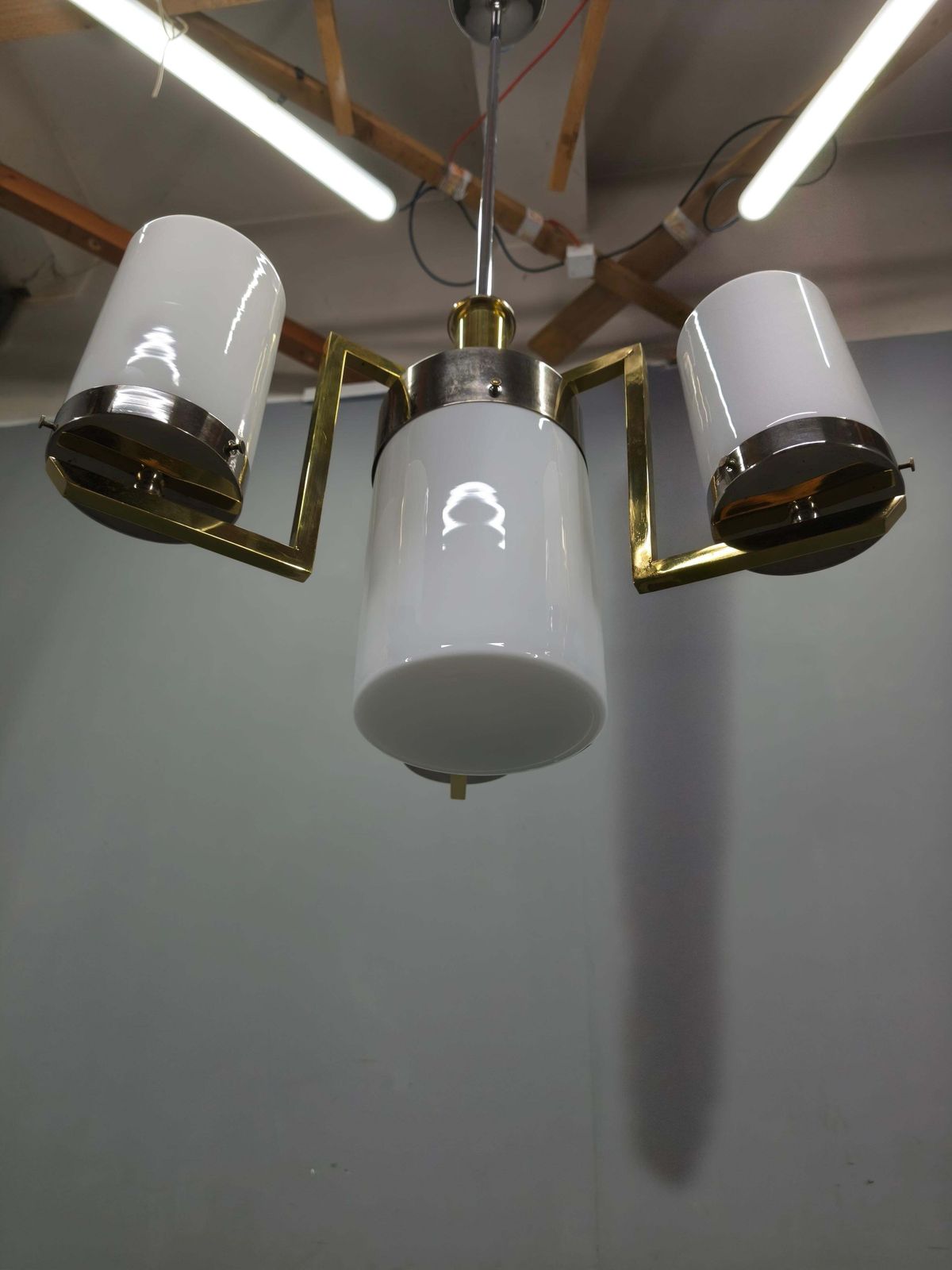 Czechoslovak Art Deco Brass And Chrome Chandelier With Opaline Glass, 1930s photo for sale