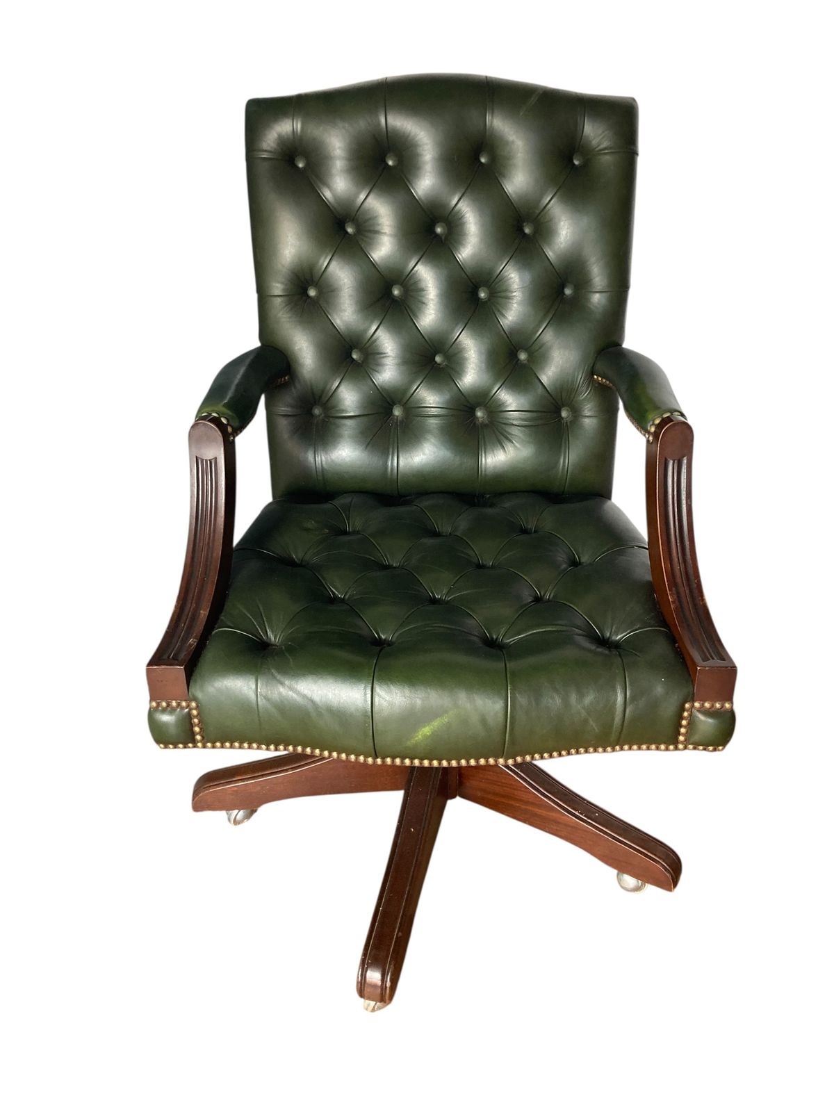 Antique Green Leather Gainsborough Chesterfield Style Swivel Office Chair