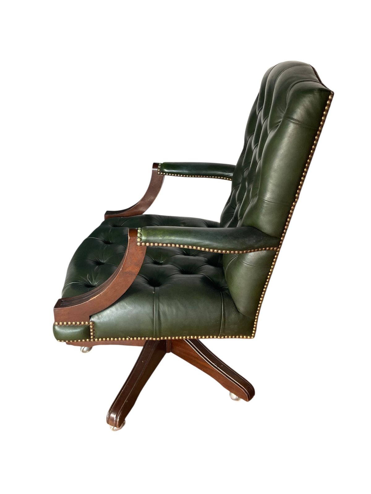 Antique Green Leather Gainsborough Chesterfield Style Swivel Office Chair photo for sale